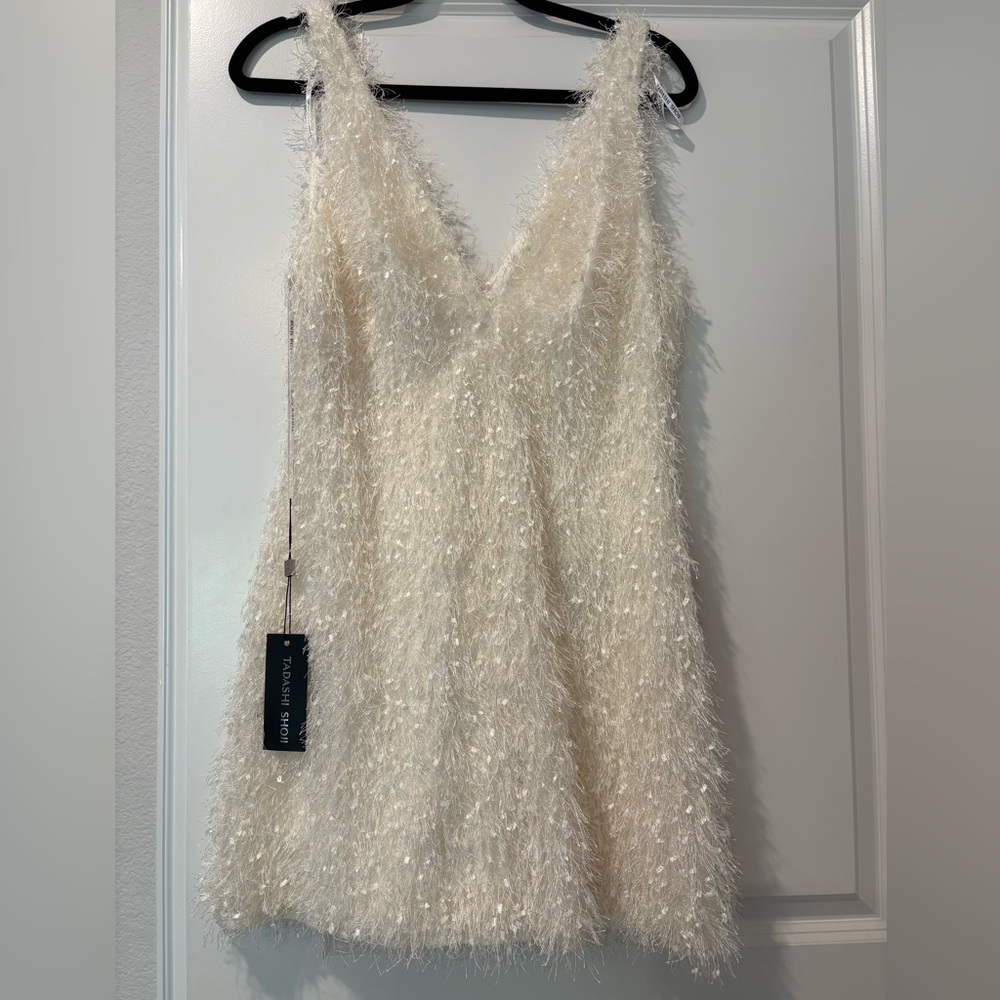 TADASHI SHOJI GIA SHAG SLEEVELESS V-NECK MINI DRESS